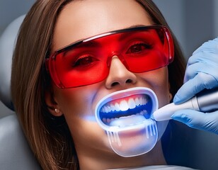 Woman undergoing teeth whitening treatment with protective eyewear at a dental clinic, demonstrating the modern cosmetic procedure.