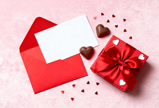 Valentines day concept with red envelope, blank card, chocolate hearts, and gift box on a pink background