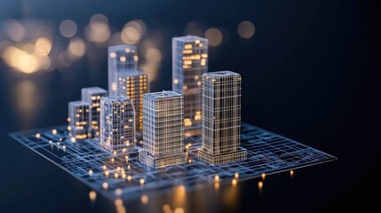Skyscrapers are illustrated in a wireframe style, highlighting architectural details and structure against a deep blue backdrop