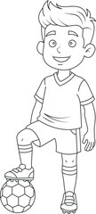 Clean cartoon line art of a boy resting one foot on a soccer ball