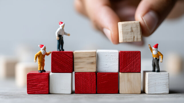 Leader building team from cubes with Christmas theme, winter recruitment concept, holiday employee development, seasonal corporate structure, festive leadership visualization, with