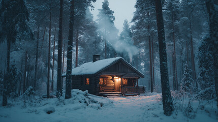 Cozy cabin glows warmly amidst a snowy forest landscape on a cold winter evening scene view