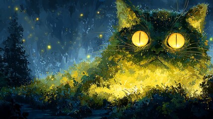 Luminescent cat-shaped bush lurks at night with glowing eyes