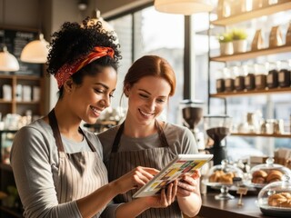 Two women in aprons smiling while looking at a tablet