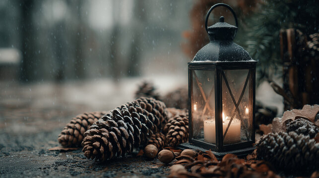 A close up of a lantern and pine cones on a surface in a winter or autumn scene outdoors