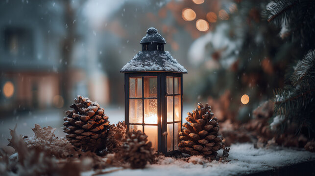 A lantern with a candle and pine cones in the snow with bokeh lights in the background outside in winter