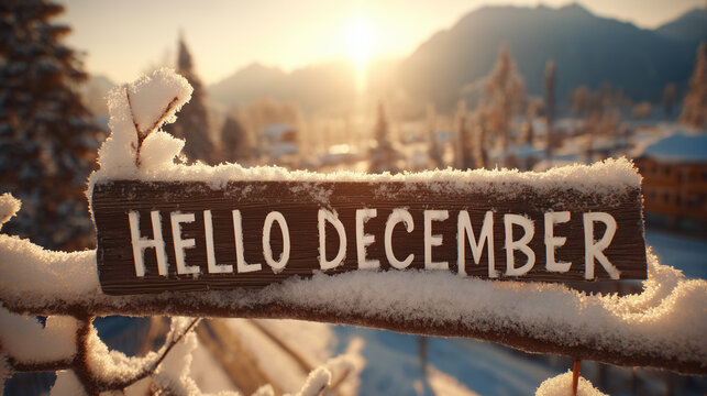 A snow covered hello december sign in a winter landscape with a bright sun in the background