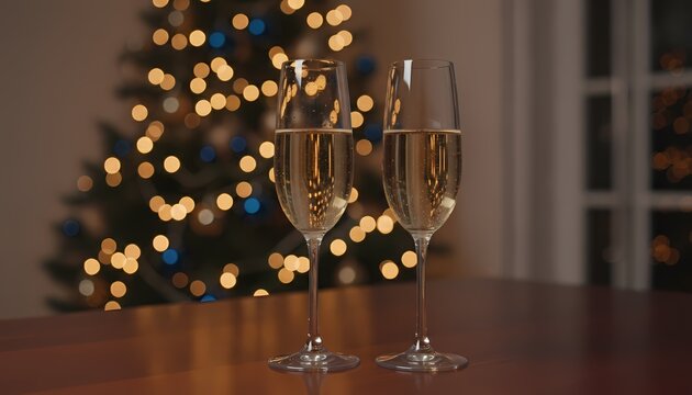 Champagne Toast with Festive Holiday Lights in Background
