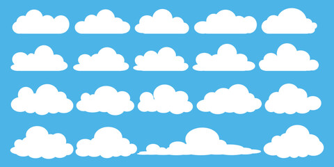 Set of vector illustrations of clumpy clouds, cloud bubbles in flat style on a blue background	