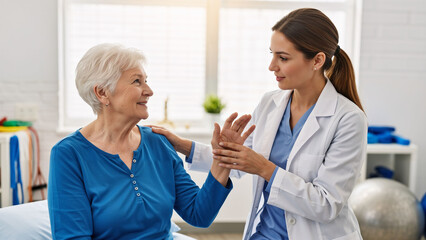 Woman doctor helping senior woman patient with hand mobility exercise during physical therapy session. Healthcare and rehabilitation concept.