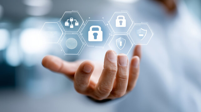 Faceless hand holding digital security icons, defocused protection elements, data safety concept, cybersecurity technology visualization, information defense system, network protec