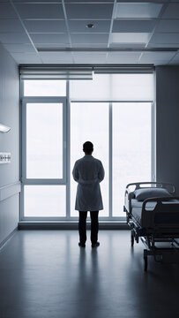 Male doctor standing in sad hospital room with lonely empty bed looking through window. Medical professional in hospital setting.