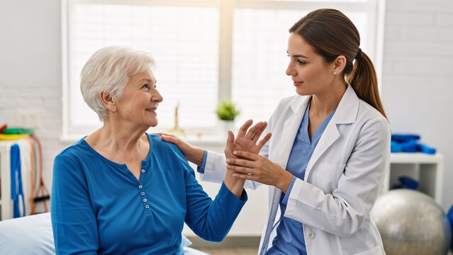 Woman doctor helping senior woman patient with hand mobility exercise during physical therapy session. Healthcare and rehabilitation concept. - Powered by Adobe