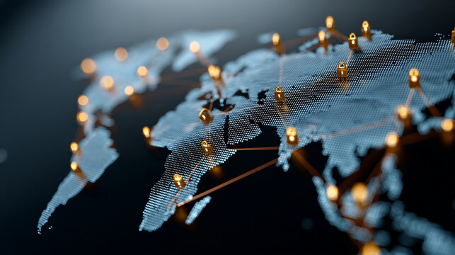 Digital world map with security locks, defocused global connections, cybersecurity concept, international data protection, worldwide safety visualization, network security technolo