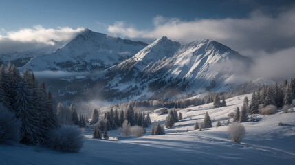 Snowy mountain range with evergreen trees and fog under a bright blue sky in a winter landscape