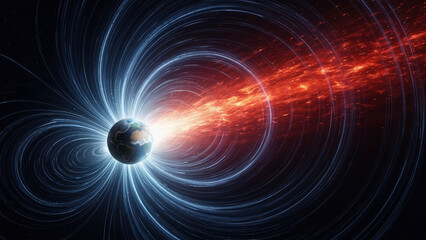 Fototapeta premium Earth surrounded by a blue glowing magnetic field protecting from a red solar storm. Geomagnetic field concept for scientific illustration.