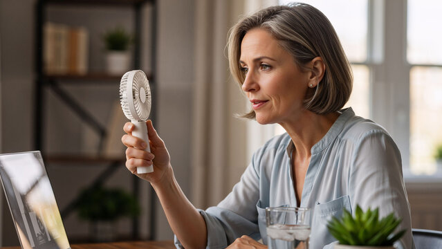 Woman using a portable mini fan to cool herself while working at her laptop, dealing with hot weather or menopause. Modern home office comfort. - Powered by Adobe