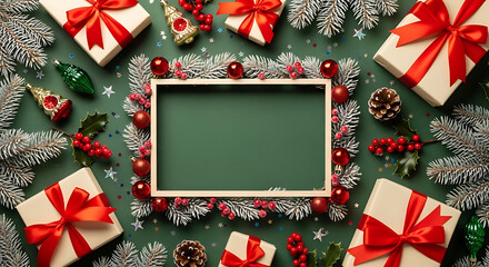 Christmas cheer theme Top view of cream-colored gift boxes adorned with red bows tree toys pine cone 32031131 1