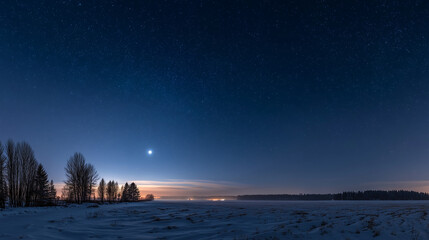 A winter landscape at night with stars and a bright light in the sky over a snowy field