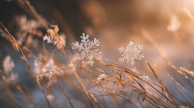 Close up of two snowflakes on dry grass with a blurred background and a warm golden light glowi - Powered by Adobe