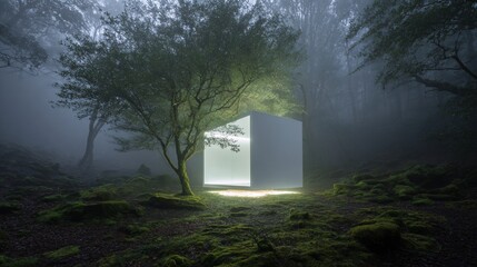 Luminescent cube amidst forest; mossy ground & dense trees in ethereal mist
