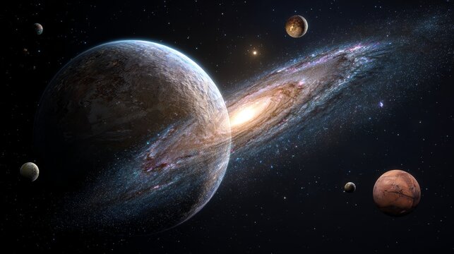 Cosmic Symphony: A mesmerizing celestial panorama, showcasing a symphony of planets gracefully dancing around a luminous galaxy, each celestial body whispering tales of cosmic wonder.