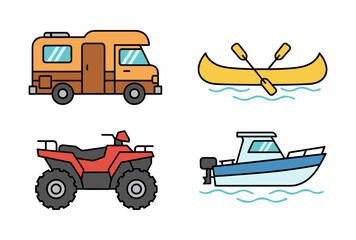 Naklejka premium Outdoor recreational vehicles and boats flat line icons