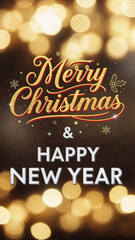 Merry Christmas and Happy New Year greeting with sparkling text and bokeh lights. Celebration and holiday concept for card, banner design.