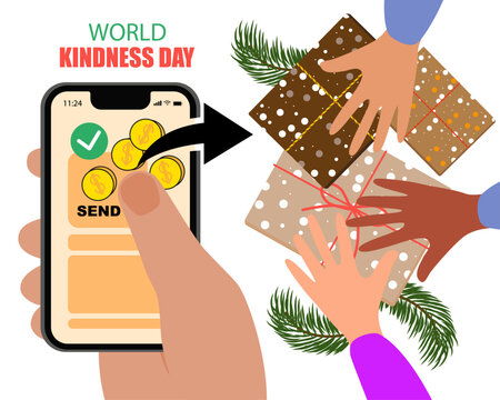World kindness day. Random acts of kindness day emblem. Charity for children. Caring, responsibility, altruism of people. Vector illustration. Global earth. Ecology theme. 