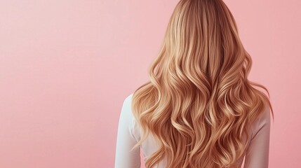 Obraz premium girl with blonde long hair back view on light pink background