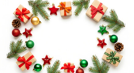 Christmas concept Top view photo of red green and gold baubles star ornaments gift boxes with bows a 57724515 1