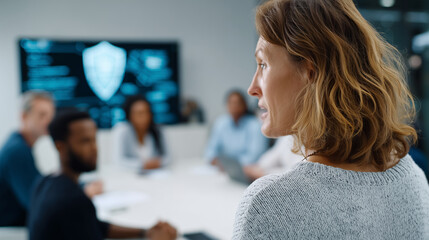 Faceless expert presenting to team, defocused cybersecurity display, data protection risks concept, professional training session, security education meeting, threat awareness pres