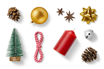 Obraz premium Collection of Christmas-themed elements on a transparent background, featuring red candle, silver jingle bells, mini tree, anise, twine, pine cones, a gold bauble and gift bow. PNG High resolution.