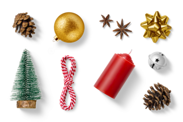 Collection of Christmas-themed elements on a transparent background, featuring red candle, silver jingle bells, mini tree, anise, twine, pine cones, a gold bauble and gift bow. PNG High resolution.