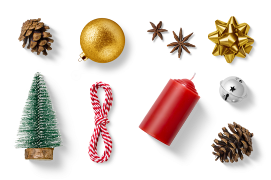 Collection of Christmas-themed elements on a transparent background, featuring red candle, silver jingle bells, mini tree, anise, twine, pine cones, a gold bauble and gift bow. PNG High resolution.