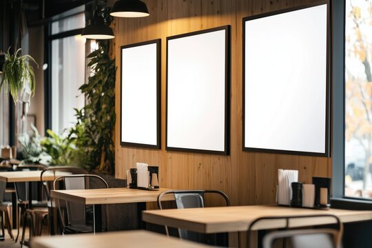 Isolated empty shop signage design mockup, transparent store template. Street hanging on wall. Logo presentation signboard. Metal cafe restaurant bar plastic badge black white