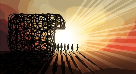 Conceptual illustration of people emerging from darkness into light.