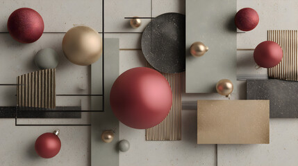 Modern geometric Christmas pattern using metallic shapes and matte ornaments around calm central space