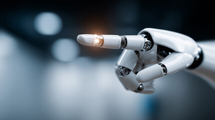 Robot hand pressing virtual lock button, defocused futuristic interface, cybersecurity concept, automated data protection, AI security technology, digital defense system, with copy