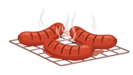 Mouthwatering grilled sausages sizzling on a wire rack ready for a delicious cookout or barbecue featuring tantalizing food preparation