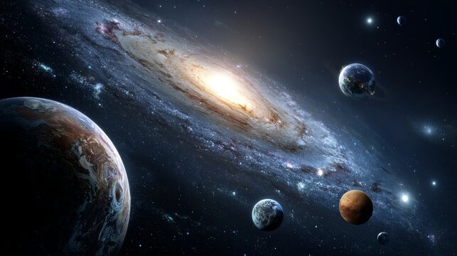 Celestial Tapestry: A mesmerizing view of the cosmos, revealing a vibrant spiral galaxy as celestial bodies drift serenely through the interstellar void.