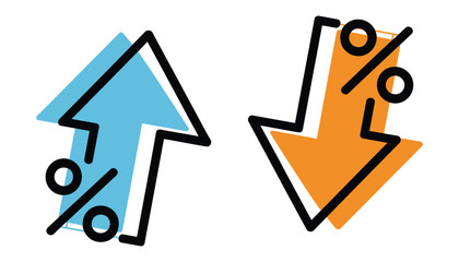 Percent with arrows up and down, including rising and falling percentage icons, growth and reduction symbols, financial elements for banking, credit, interest rates, business, and vector illustrations