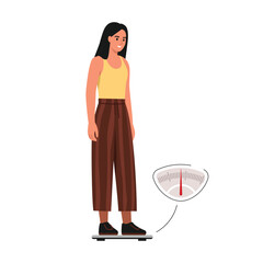 Vector illustration of a slim girl standing on the scales. Cartoon scene of a girl determining body weight, standing on a measuring device isolated on a white background.Floor scales with a red arrow.