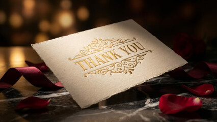 Elegant thank you card with gold embossed text on dark marble. Luxury greeting note with red rose petals and ribbon. Romantic gratitude concept