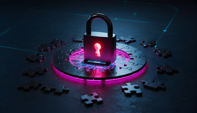 Cybersecurity Padlock on a Digital Puzzle Representing Data Protection - Powered by Adobe