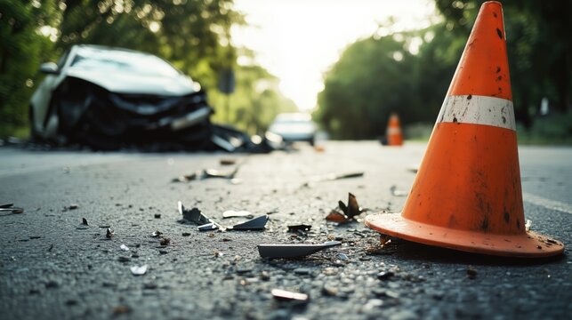 Crashed car accident scene with shattered blue vehicle, broken glass, debris, and damaged orange traffic cones in the foreground. Ideal for safety training or project illustrations.