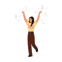 Vector illustration of a joyful woman with raised hands. Cartoon scene of a happy, successful woman with raised hands, falling streamers, isolated on white background. Celebration of a holiday.