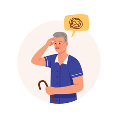 Vector illustration of Alzheimer's disease. Cartoon scene of a confused elderly man with gray hair, mustache, has memory problems, holds a walking stick isolated on white background. Dementia.