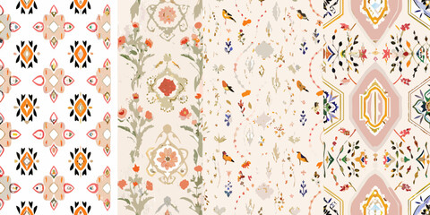 Collection of four distinct seamless patterns with floral and abstract motifs