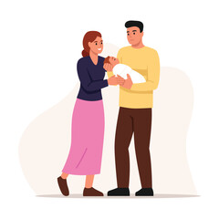 Vector illustration happy parenthood. Cartoon scene, joyful, smiling dad and mom holding, hugging newborn baby in arms isolated on white background. Loving young family. Caring attitude about babies.